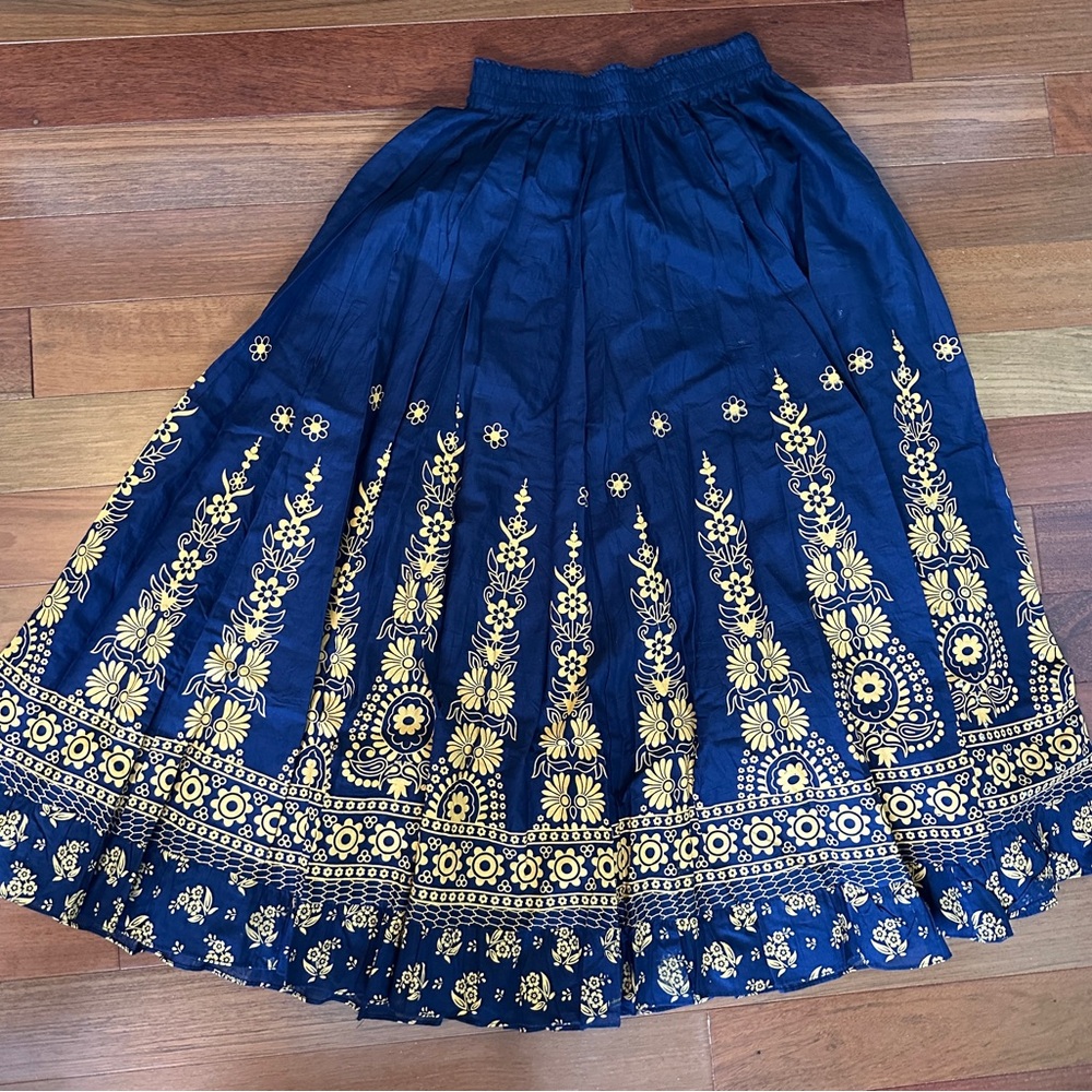 Elegant Blue and Gold Floral Skirt